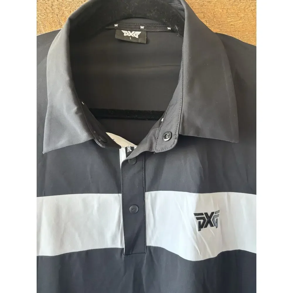 PXG Polo Shirt Mens Large Black White Performance Stretch Laser Cut Golf Preppy - Picture 3 of 9